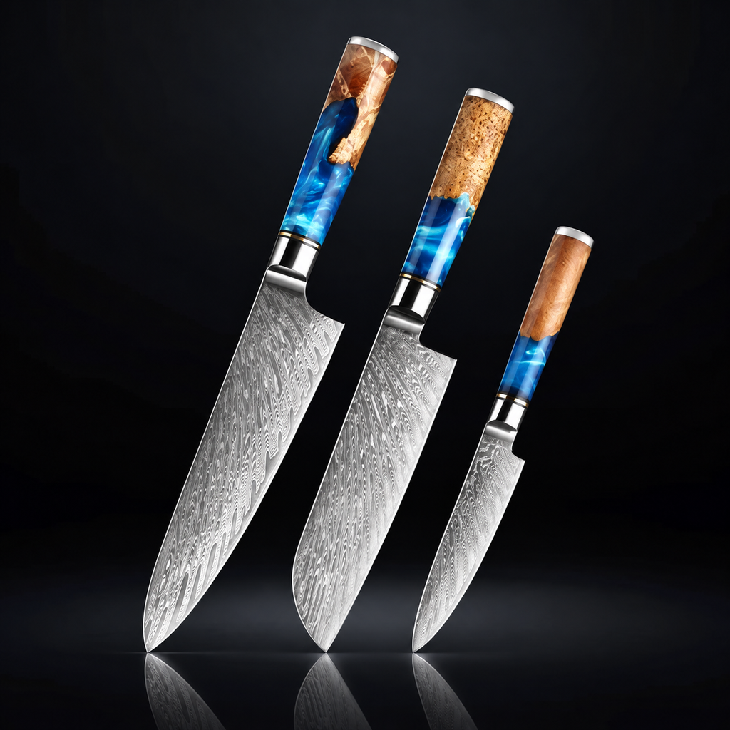 Japanese Kitchen Knife Set 3-Piece – Damascus Pattern, Burlwood & Blue Resin Handles – Soruken Nami