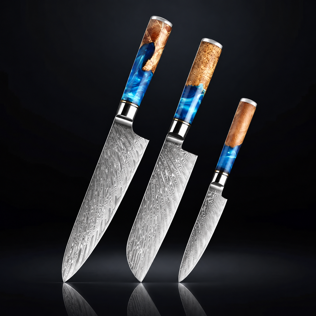 Soruken Nami 3-Piece Damascus Kitchen Knife Set – Burlwood & Blue Resin Handles