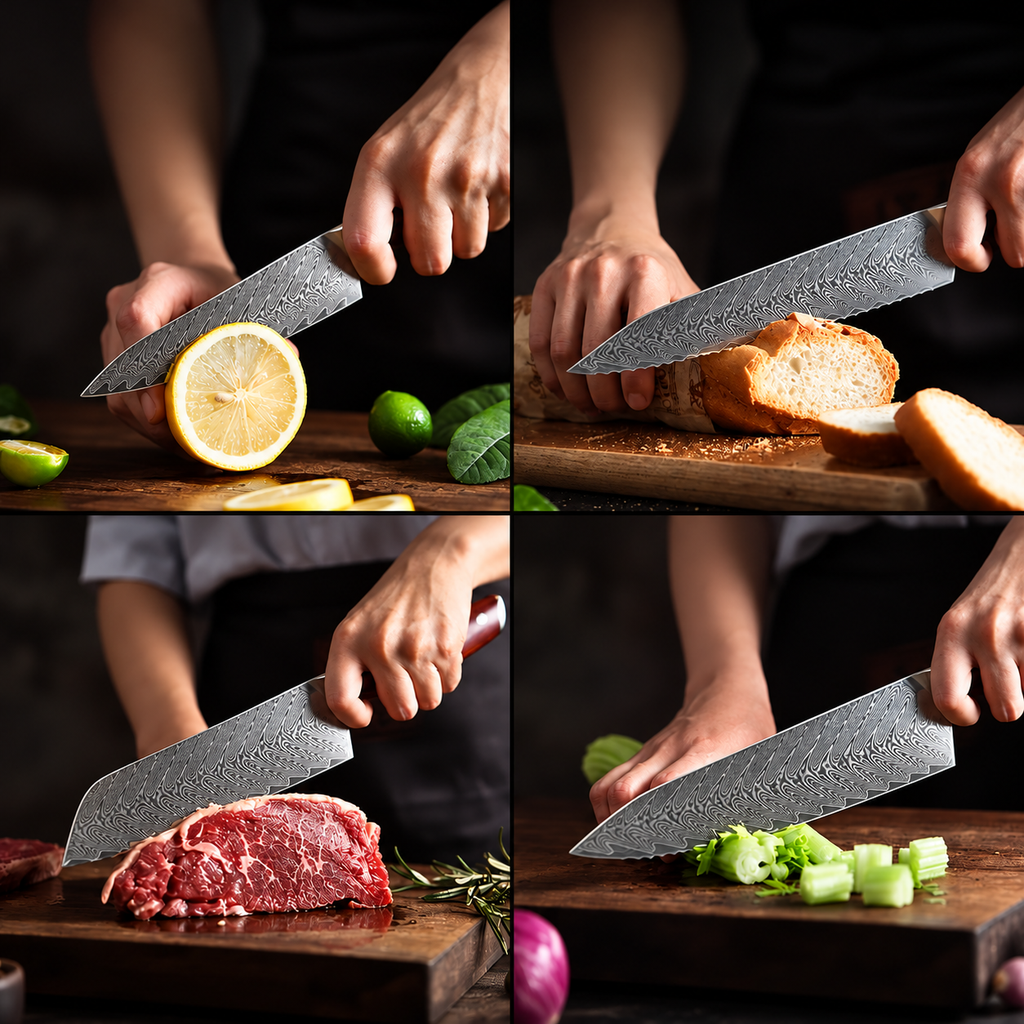 Japanese Kitchen Knife Set 7-Piece – Damascus Pattern Blades, Mahogany Wood Handles – Soruken Akane