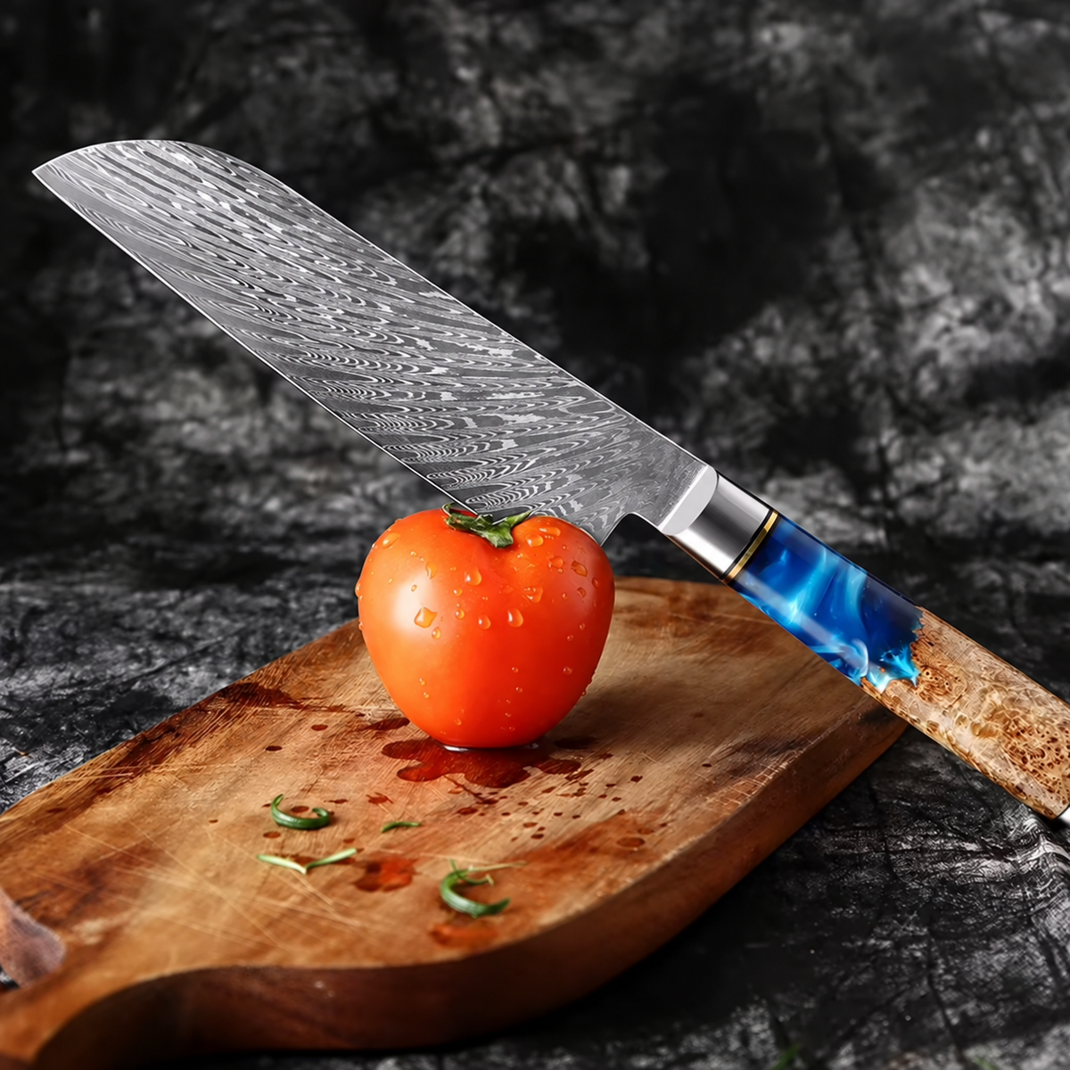Soruken Nami 3-Piece Damascus Kitchen Knife Set – Burlwood & Blue Resin Handles