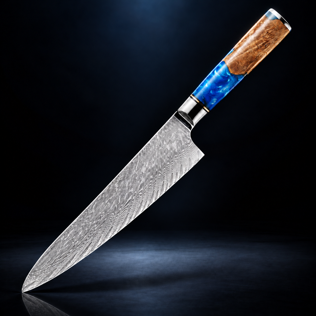 Soruken Nami Damascus Chef Knife – Burlwood & Blue Resin Handle