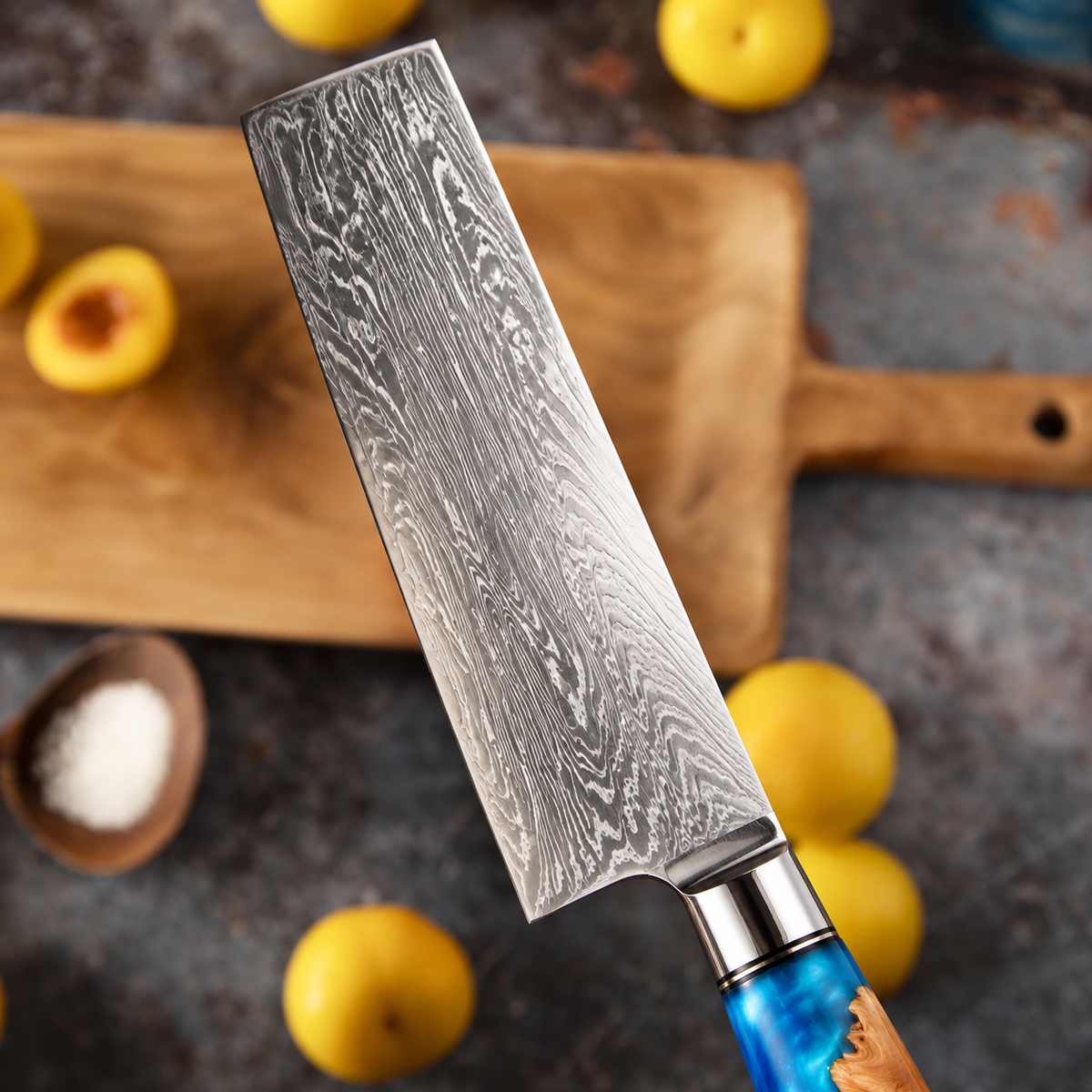 Soruken Nami Damascus Wide-Blade Kitchen Knife – Burlwood & Blue Resin Handle