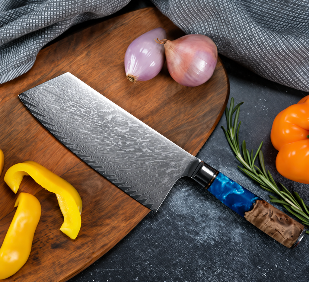 Soruken Nami Damascus Wide-Blade Kitchen Knife – Burlwood & Blue Resin Handle