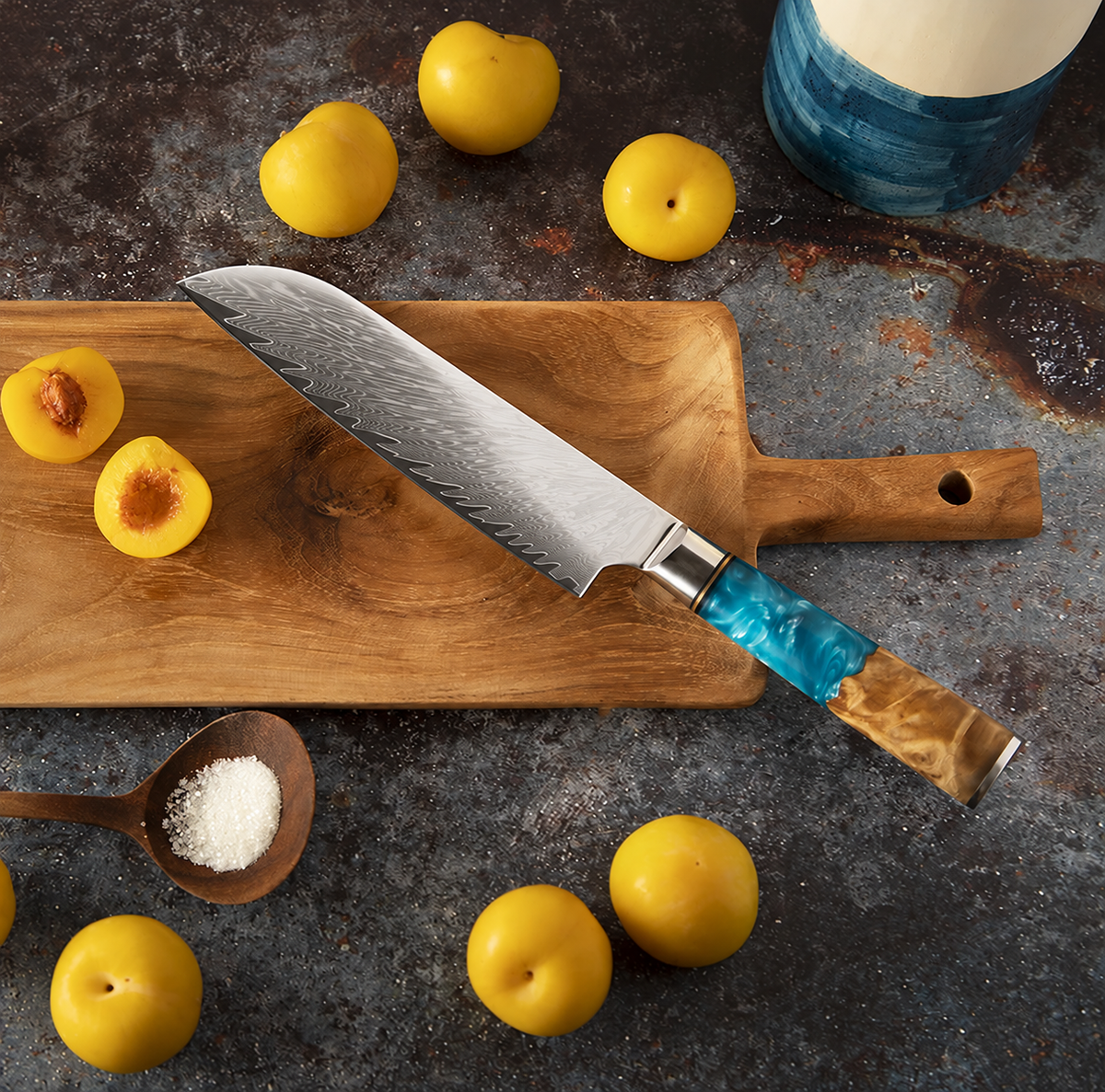 Soruken Nami 5-Piece Damascus Kitchen Knife Set – Burlwood & Blue Resin Handles
