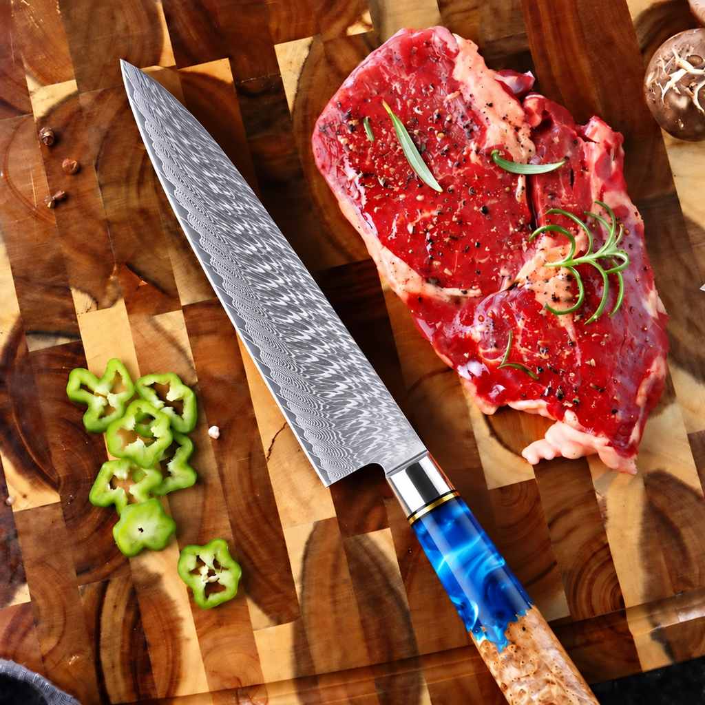 Soruken Nami Damascus Chef Knife – Burlwood & Blue Resin Handle