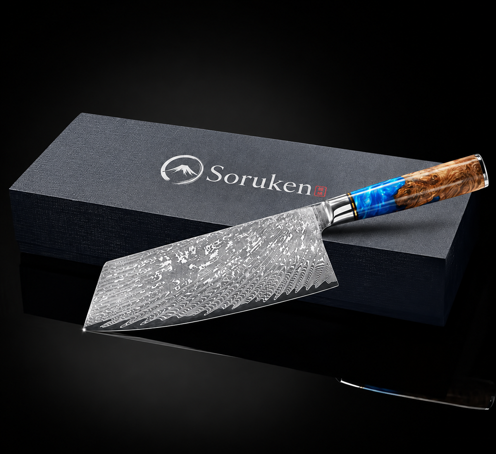 Soruken Nami Damascus Wide-Blade Kitchen Knife – Burlwood & Blue Resin Handle
