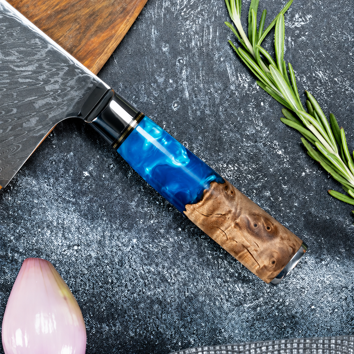 Soruken Nami Damascus Wide-Blade Kitchen Knife – Burlwood & Blue Resin Handle