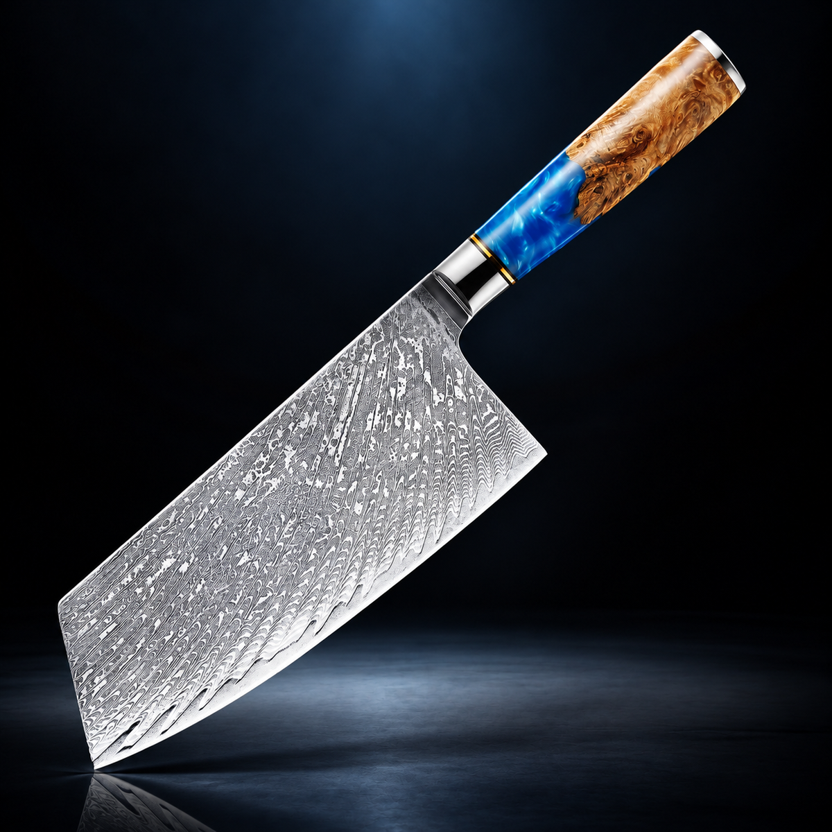 Soruken Nami Damascus Wide-Blade Kitchen Knife – Burlwood & Blue Resin Handle