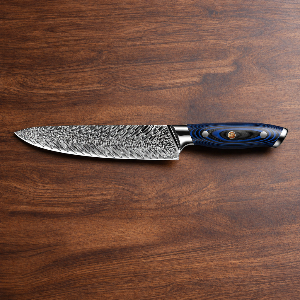 Japanese Chef Knife – Damascus Pattern Blade, Blue G10 Handle – Soruken Sumi