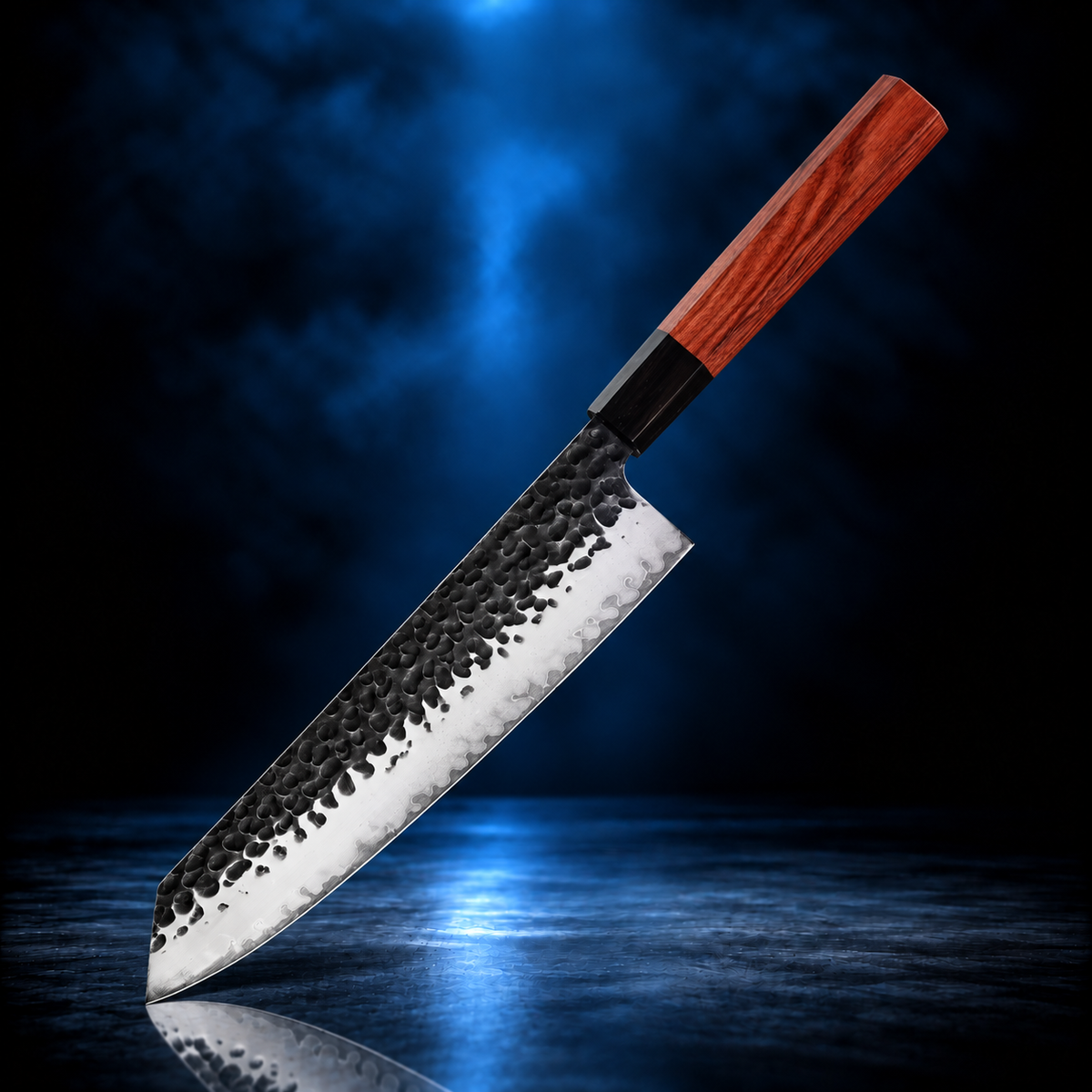 Soruken 9-Inch Japanese Kiritsuke Chef Knife – Hammered Steel Blade, Wooden Handle