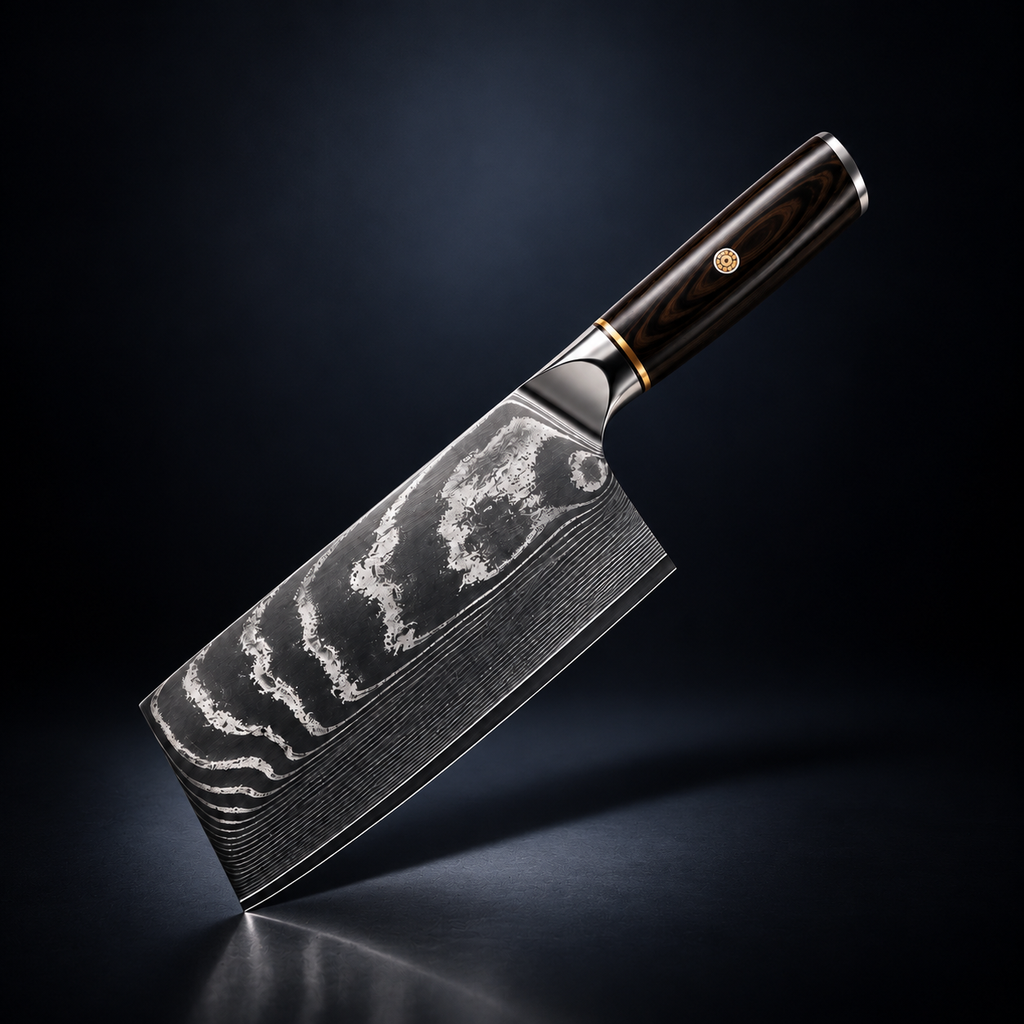 Soruken Kuro Damascus Cleaver Knife – Wide Blade, Wood Handle