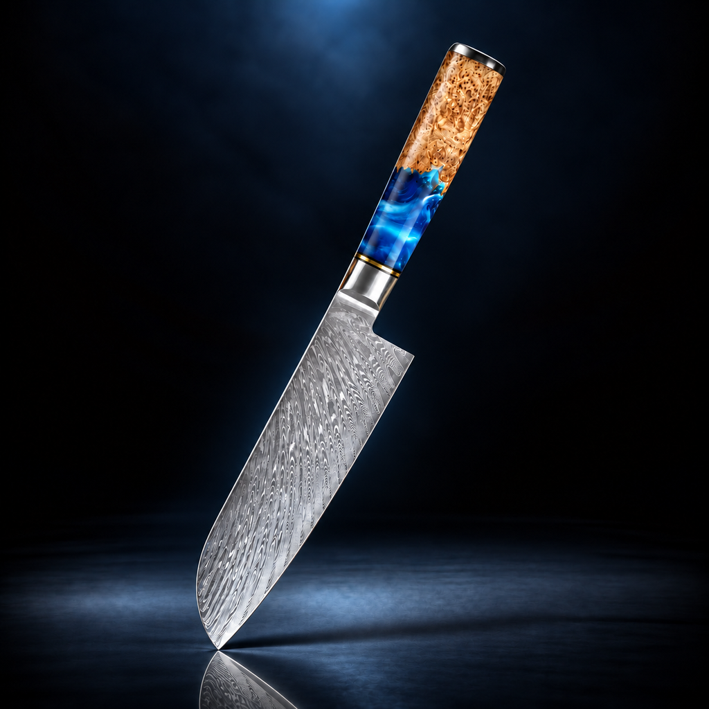 Japanese Santoku Knife – Damascus Pattern Blade, Burlwood & Blue Resin Handle – Soruken Nami