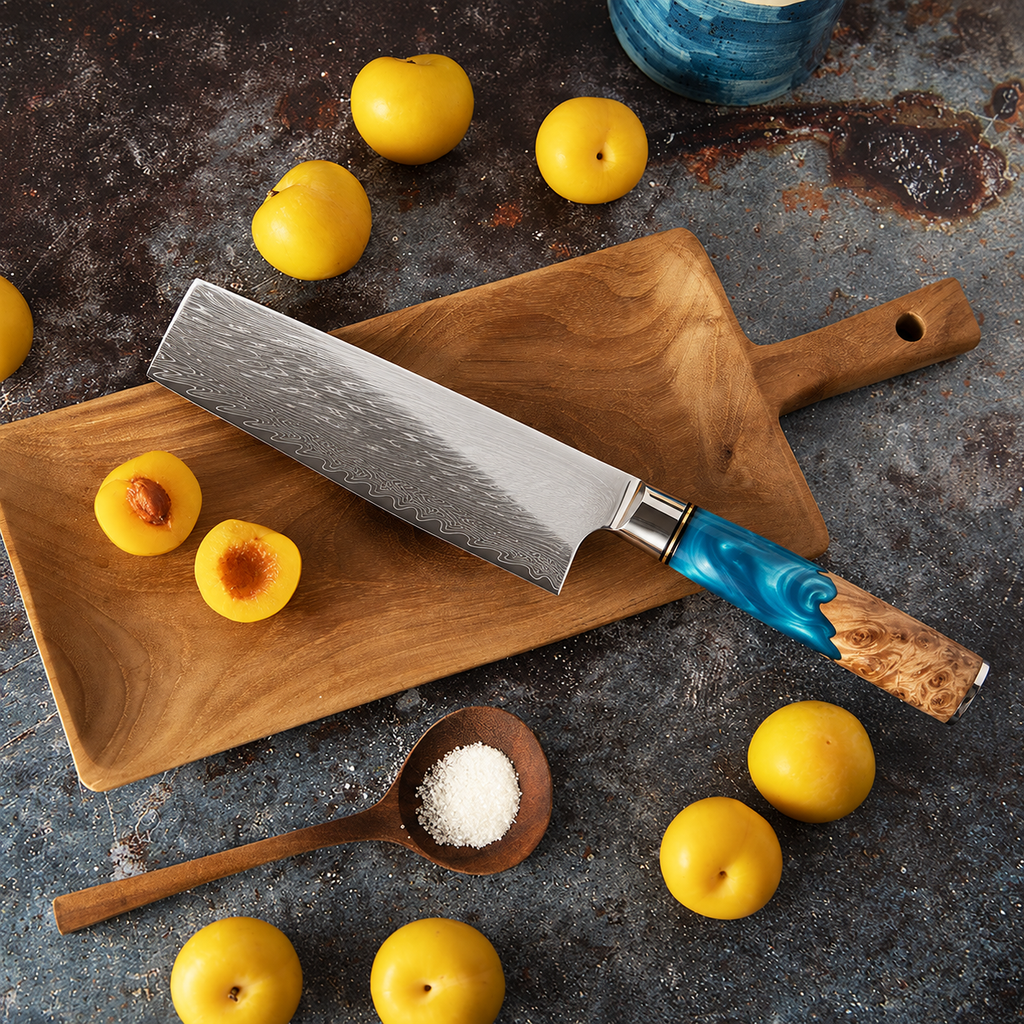 Soruken Nami 5-Piece Damascus Kitchen Knife Set – Burlwood & Blue Resin Handles