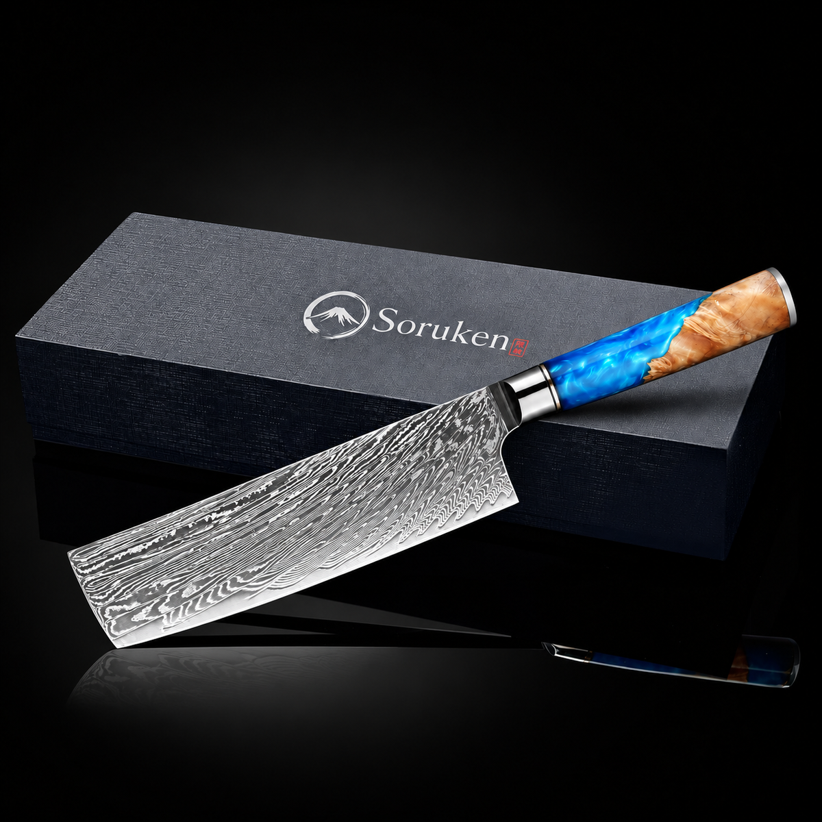 Soruken Nami Damascus Wide-Blade Kitchen Knife – Burlwood & Blue Resin Handle