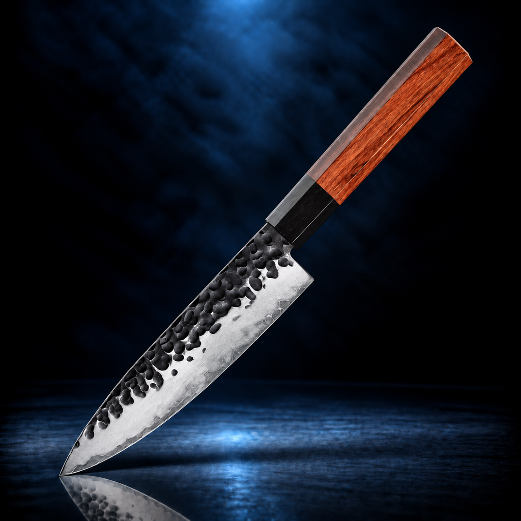Soruken 8-Inch Japanese Gyuto Chef Knife – Hammered Steel Blade, Wooden Handle