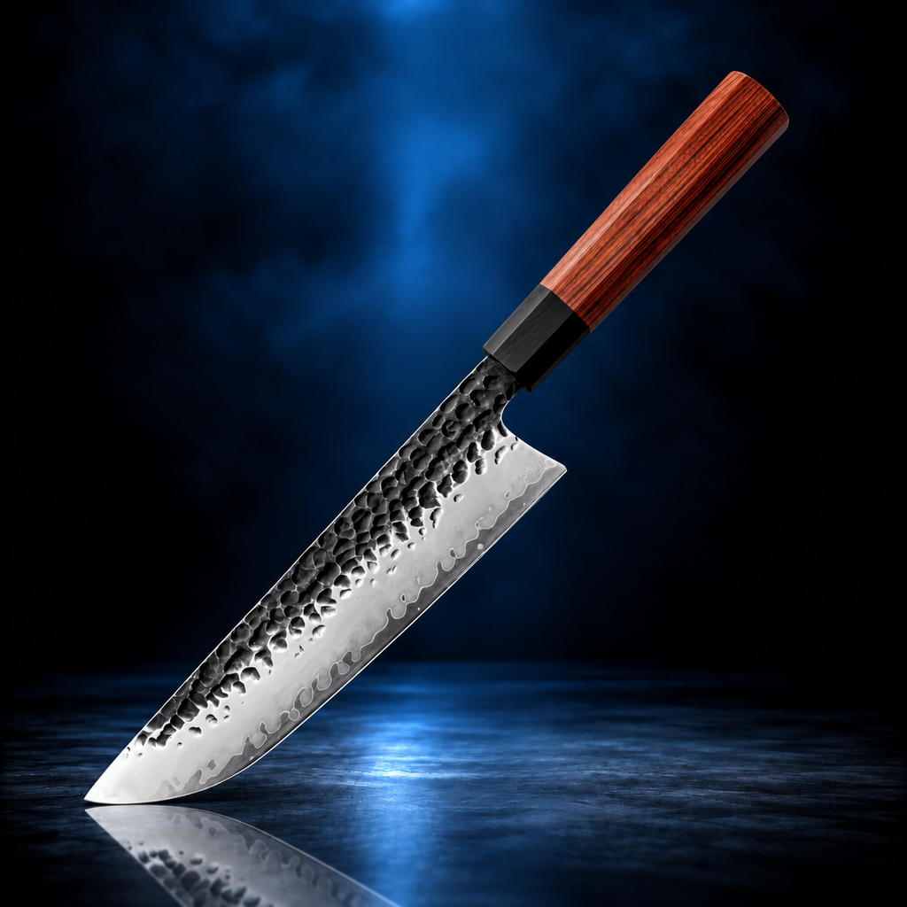 Soruken 8-Inch Japanese Sakimaru Slicing Knife – Hammered Steel Blade, Wooden Handle