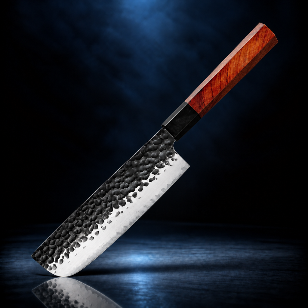Soruken 7-Inch Japanese Nakiri Knife – Hammered Steel Blade, Wooden Handle