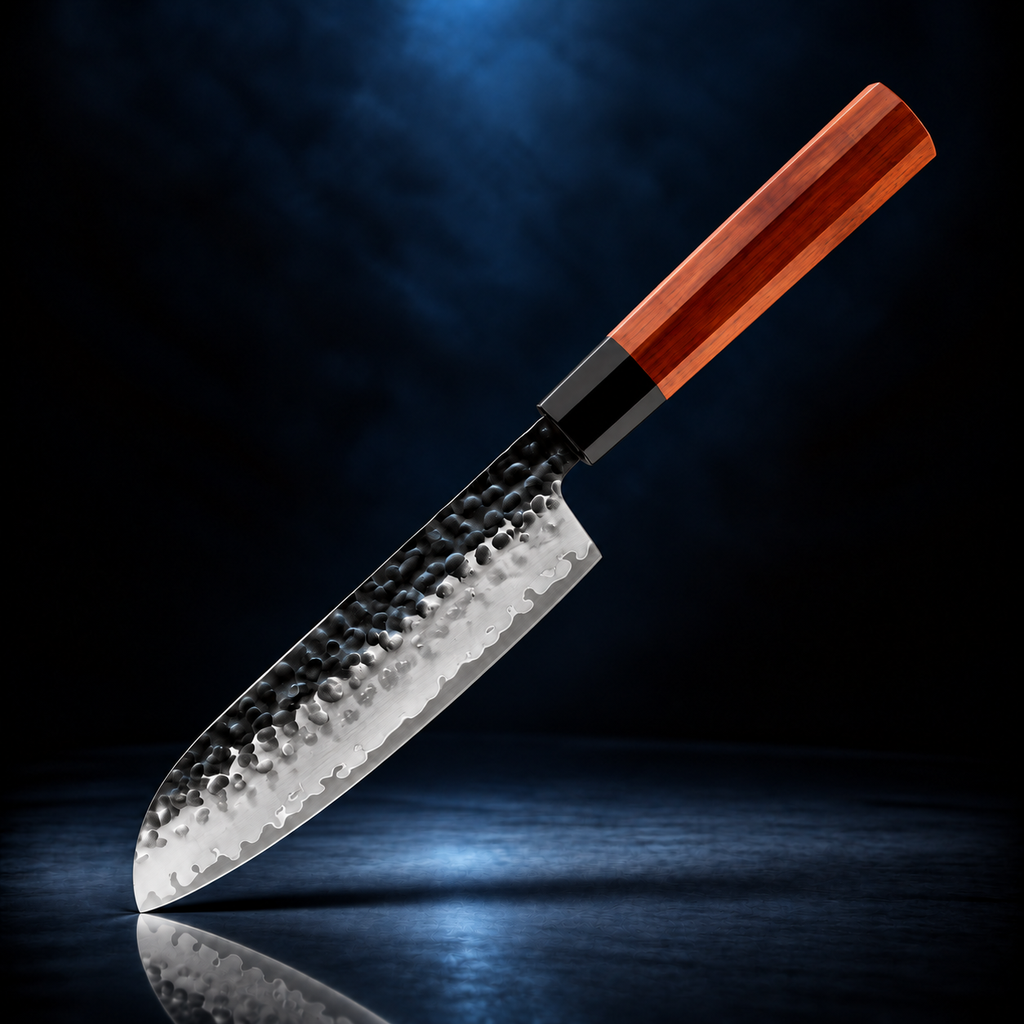 Soruken 7.5-Inch Japanese Santoku Knife – Hammered Steel Blade, Wooden Handle