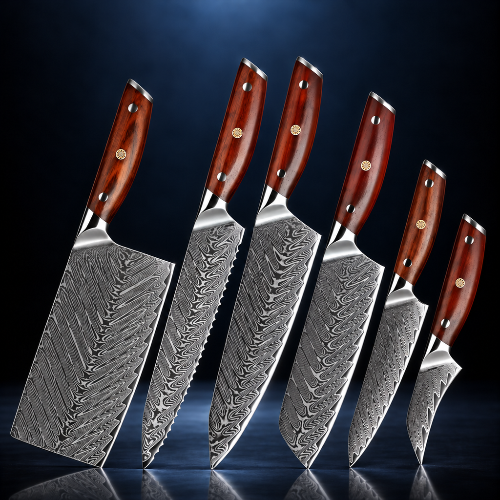 Japanese Kitchen Knife Set 7-Piece – Damascus Pattern Blades, Mahogany Wood Handles – Soruken Akane