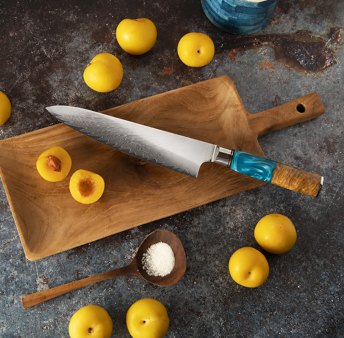 Soruken Nami 5-Piece Damascus Kitchen Knife Set – Burlwood & Blue Resin Handles