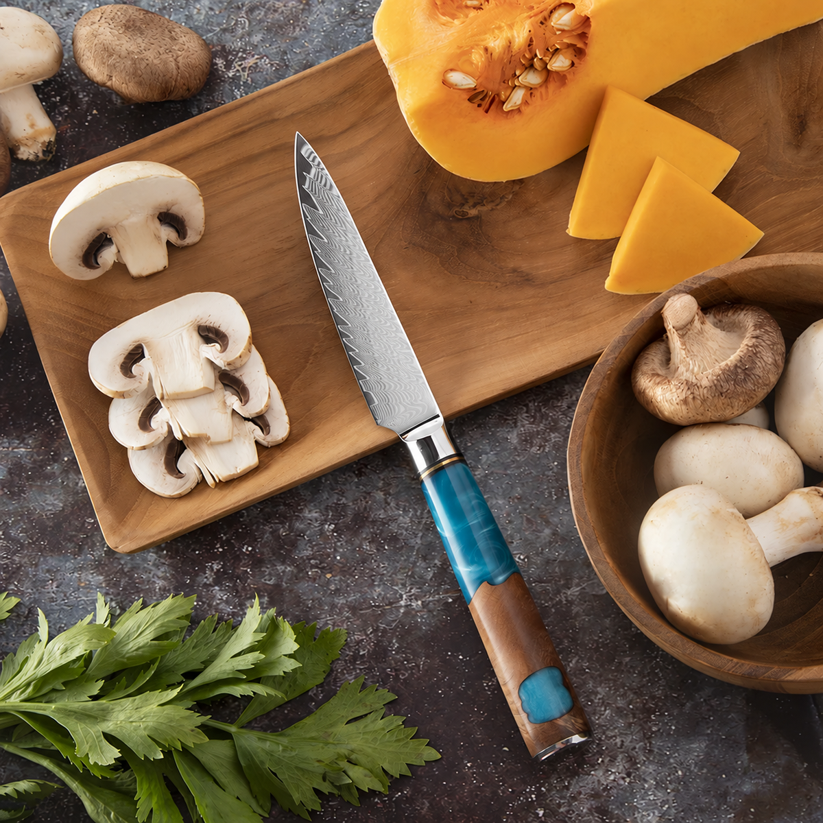 Soruken Nami 5-Piece Damascus Kitchen Knife Set – Burlwood & Blue Resin Handles