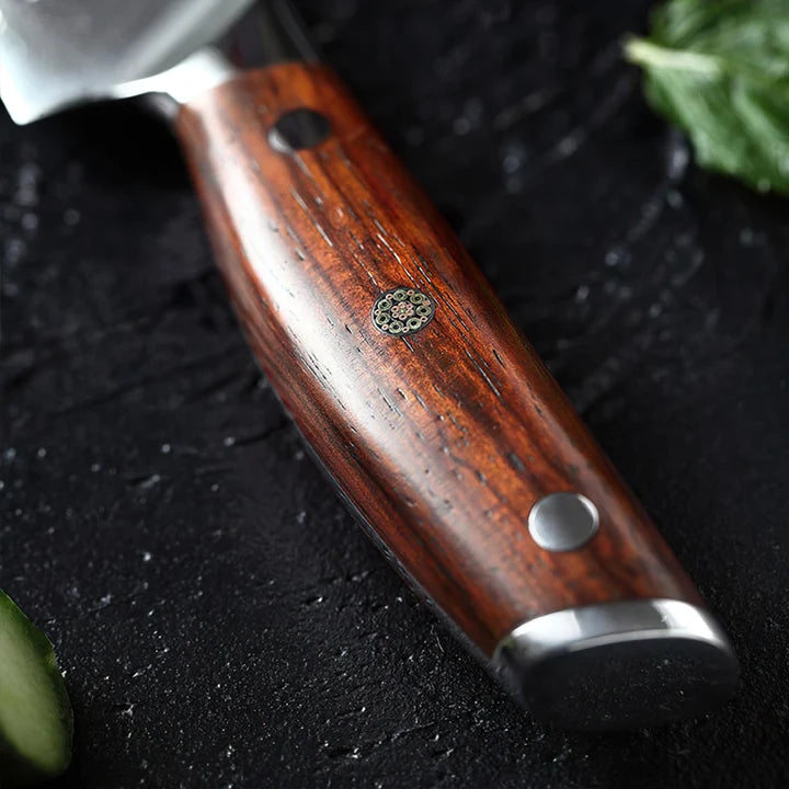 Japanese Kitchen Knife Set 7-Piece – Damascus Pattern Blades, Mahogany Wood Handles – Soruken Akane