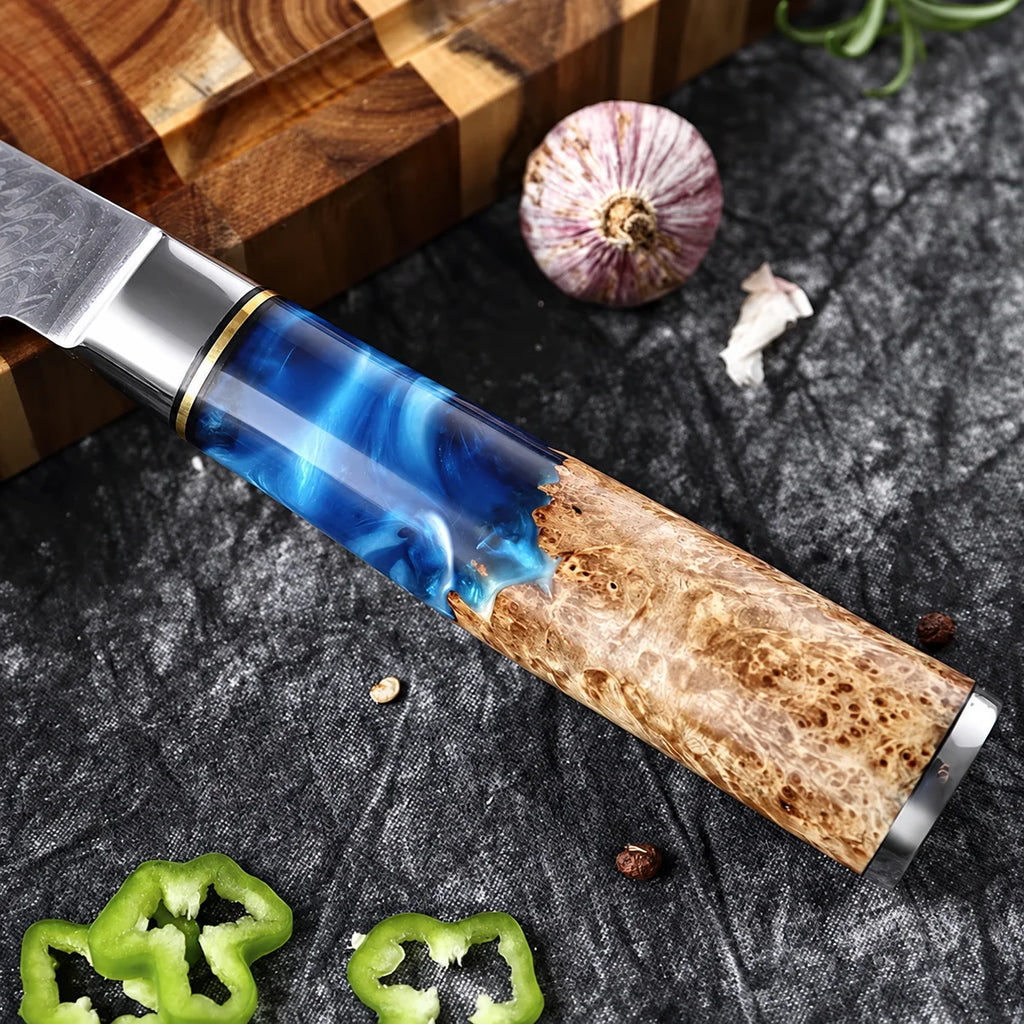 Japanese Santoku Knife – Damascus Pattern Blade, Burlwood & Blue Resin Handle – Soruken Nami