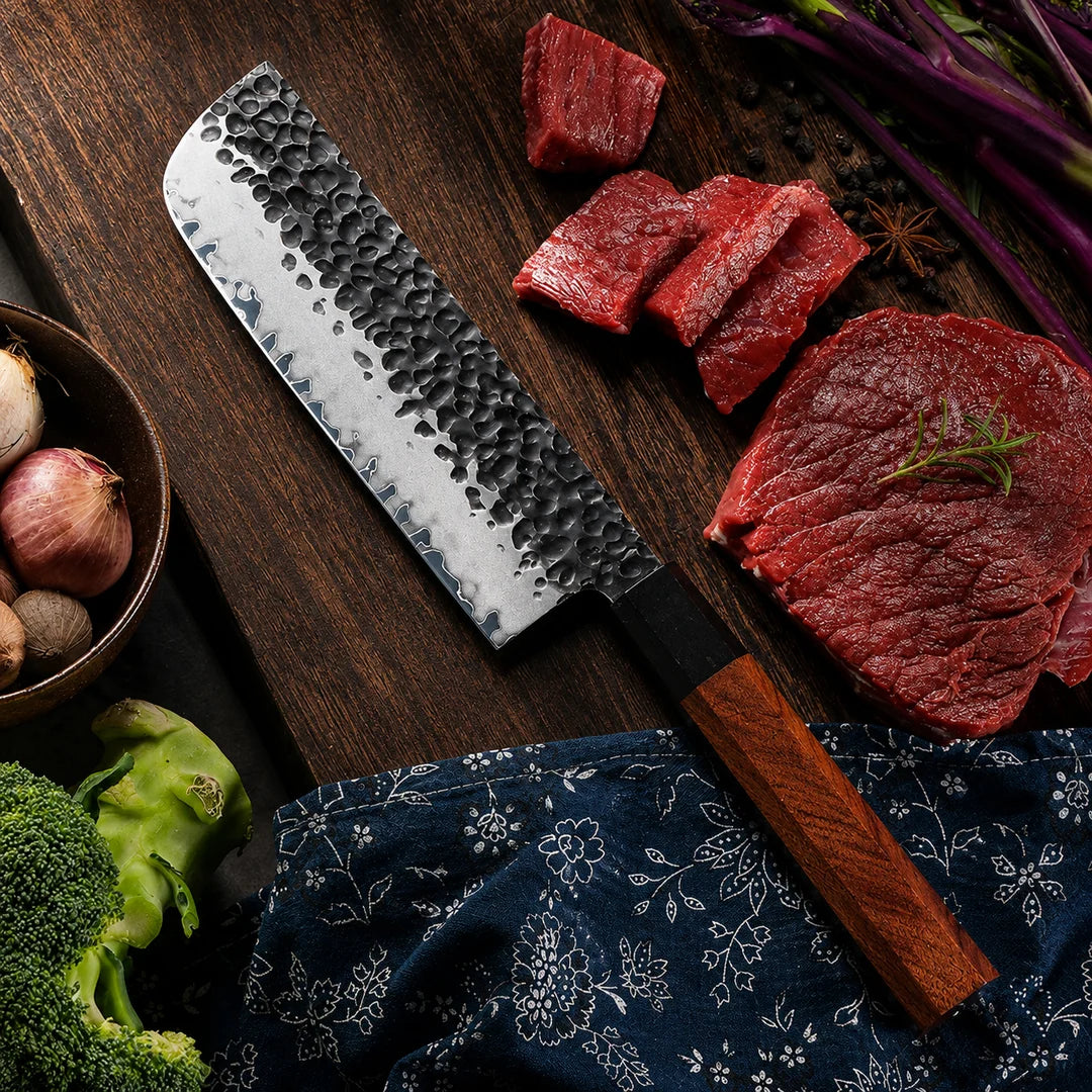 Soruken 7-Inch Japanese Nakiri Knife – Hammered Steel Blade, Wooden Handle