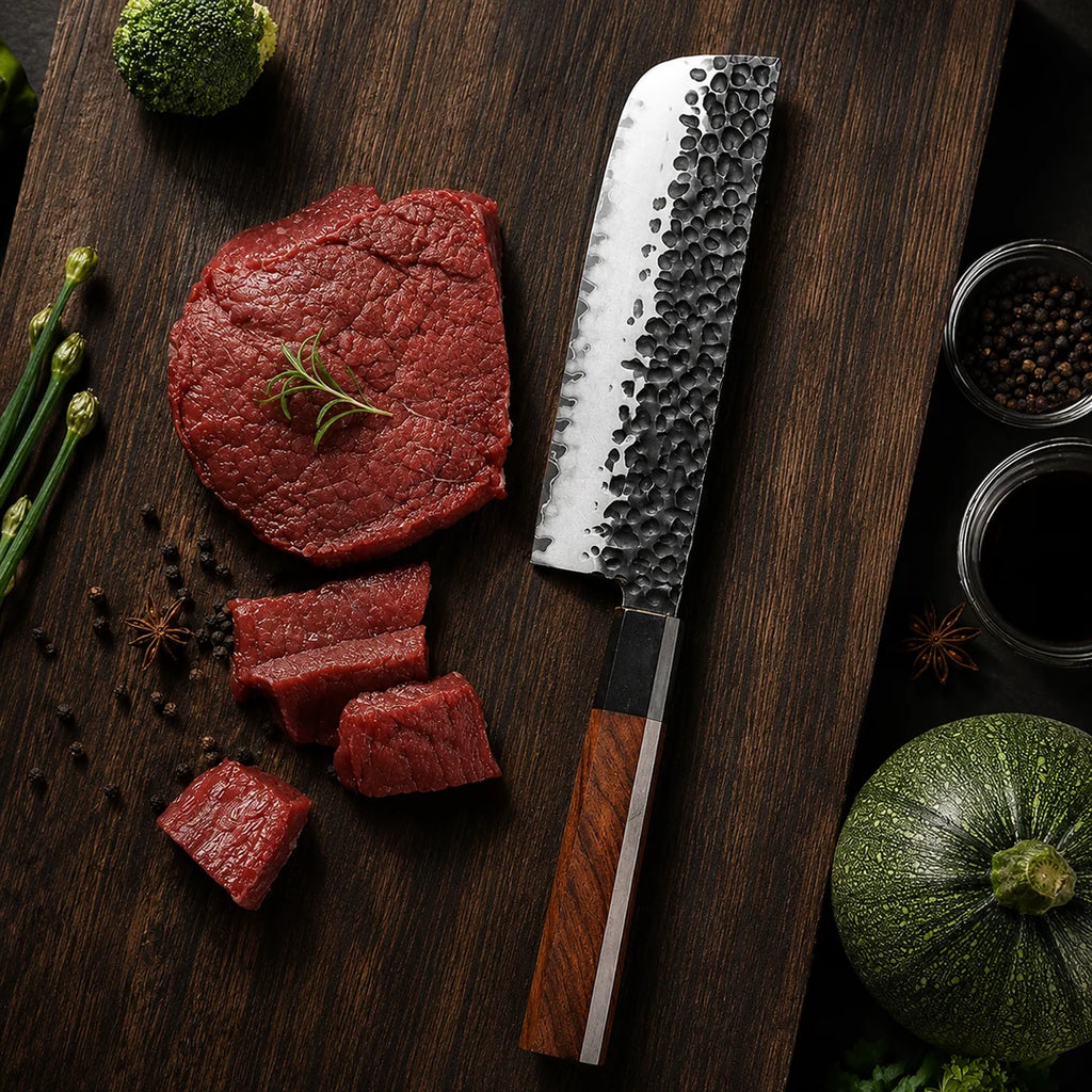 Soruken 7-Inch Japanese Nakiri Knife – Hammered Steel Blade, Wooden Handle