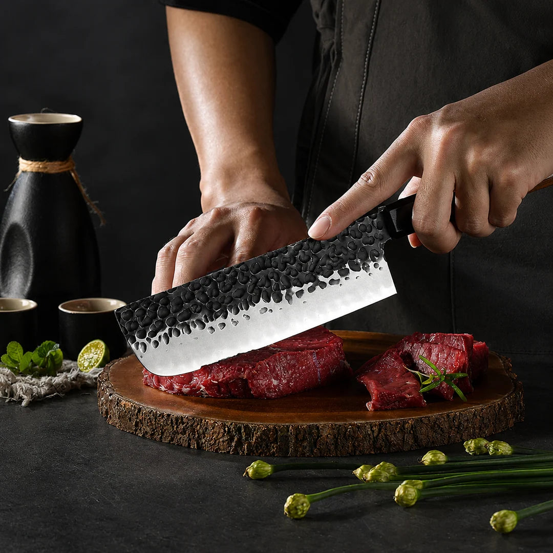 Soruken 7-Inch Japanese Nakiri Knife – Hammered Steel Blade, Wooden Handle