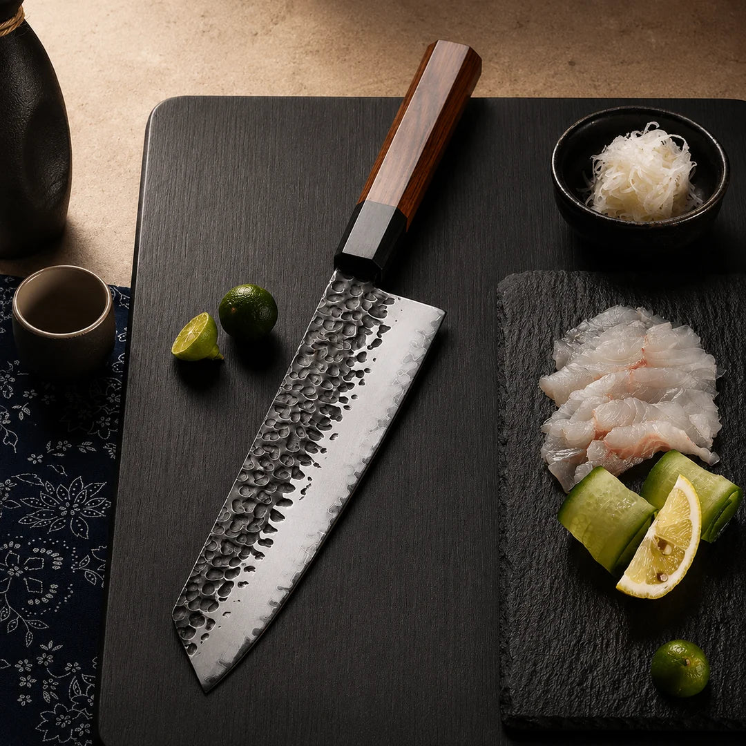 Soruken 9-Inch Japanese Kiritsuke Chef Knife – Hammered Steel Blade, Wooden Handle