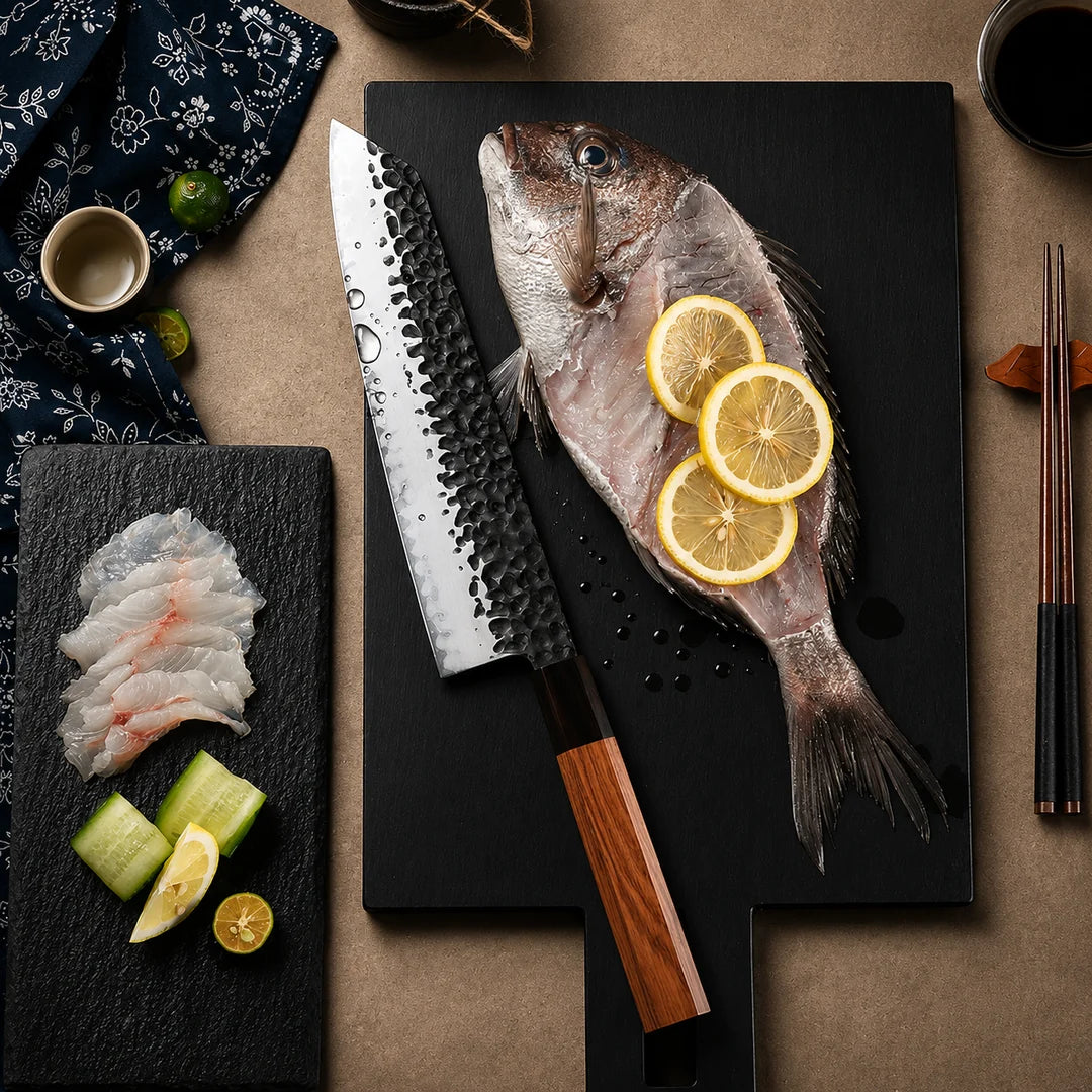 Soruken 8-Inch Japanese Sakimaru Slicing Knife – Hammered Steel Blade, Wooden Handle