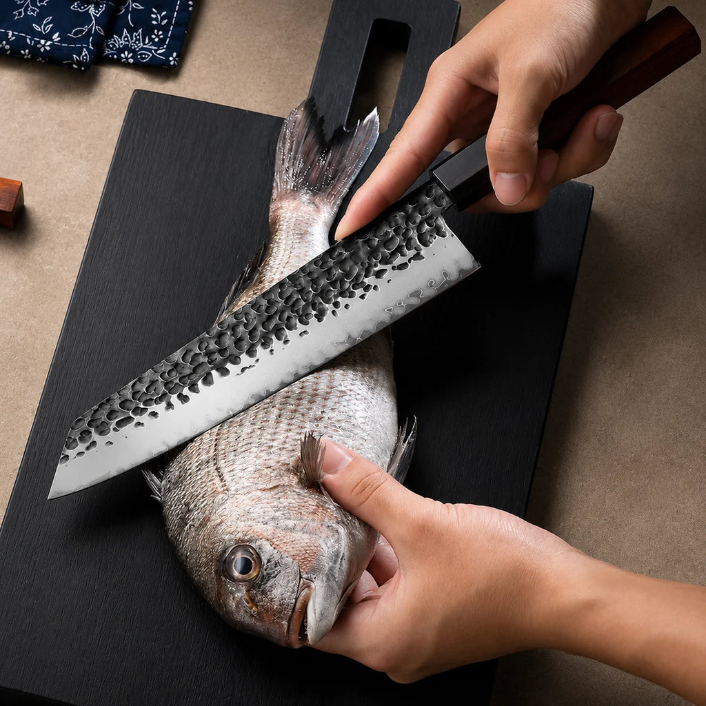 Soruken 9-Inch Japanese Kiritsuke Chef Knife – Hammered Steel Blade, Wooden Handle