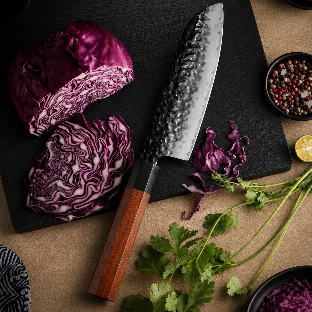 Soruken 7.5-Inch Japanese Santoku Knife – Hammered Steel Blade, Wooden Handle