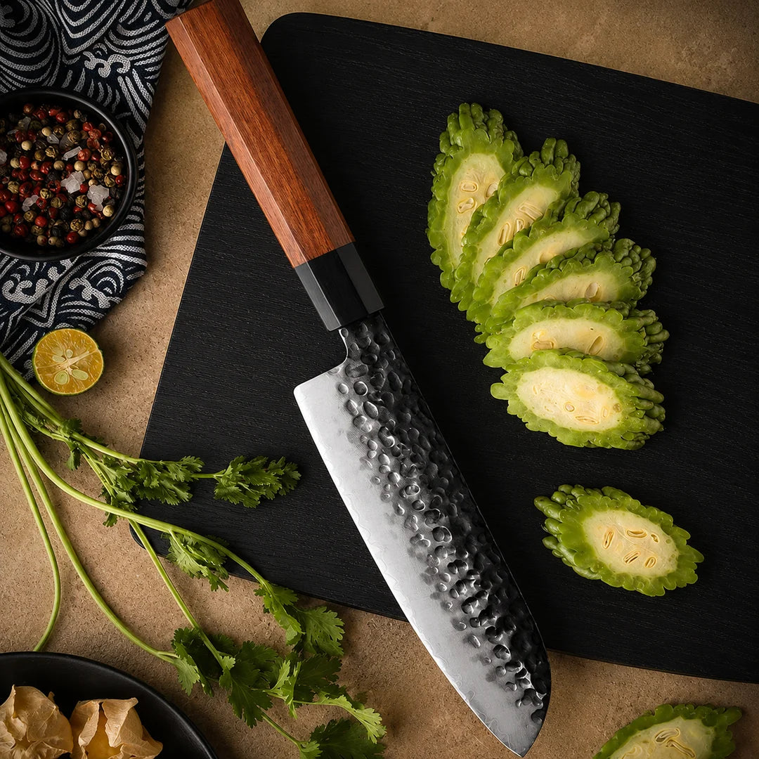 Soruken 7.5-Inch Japanese Santoku Knife – Hammered Steel Blade, Wooden Handle