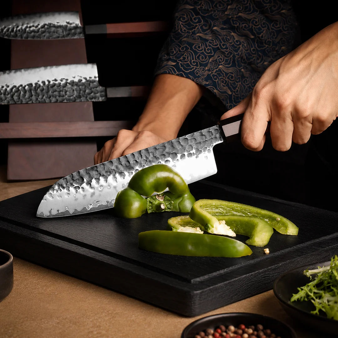 Soruken 7.5-Inch Japanese Santoku Knife – Hammered Steel Blade, Wooden Handle