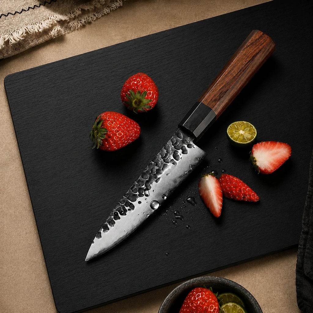 Soruken 5.5-Inch Japanese Petty Utility Knife – Hammered Steel Blade, Wooden Handle