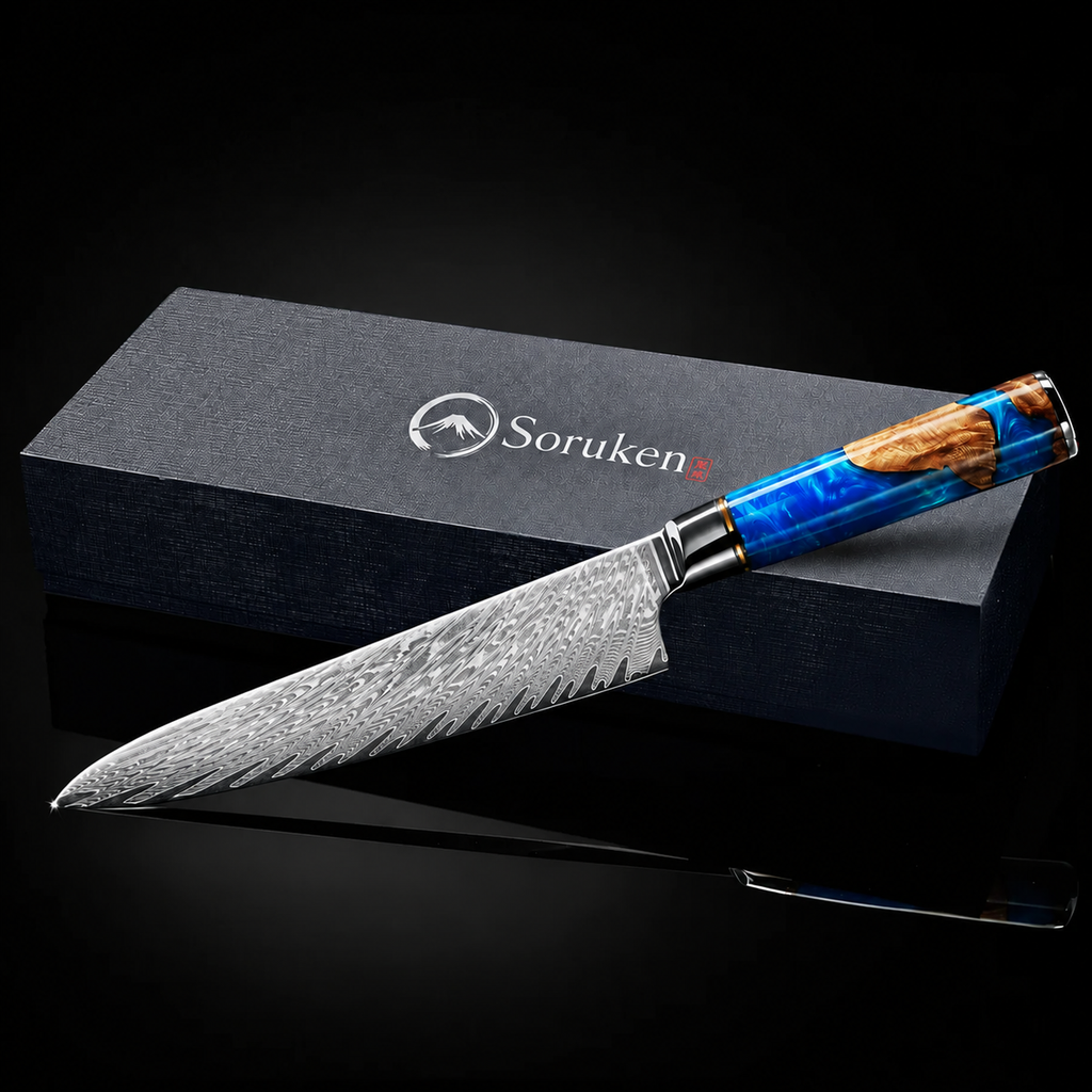 Soruken Nami Damascus Chef Knife – Burlwood & Blue Resin Handle